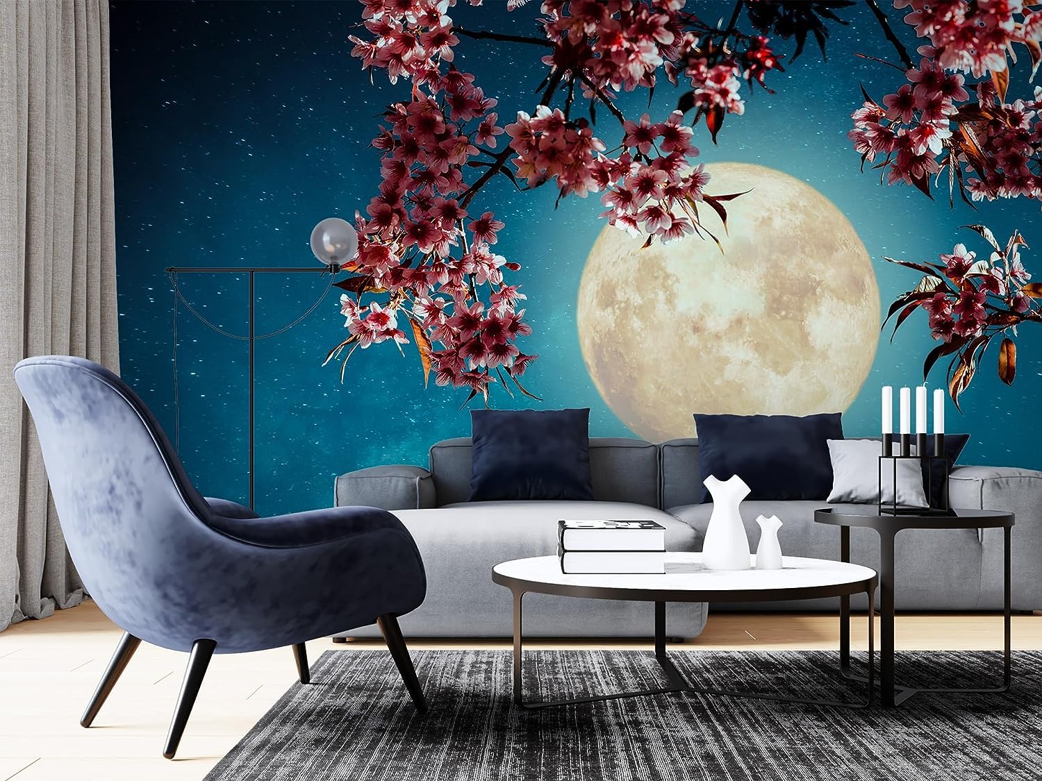 ZocKz Branch Flowers 3D Large Wallpaper, Night Moon Wallpapers